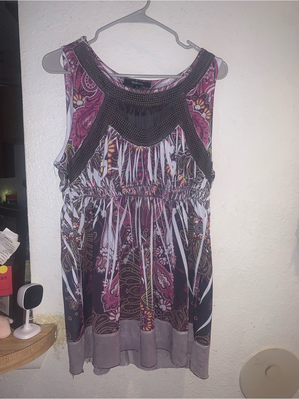 Style & Co. Purple Paisley Sleeveless Blouse with Black Trim